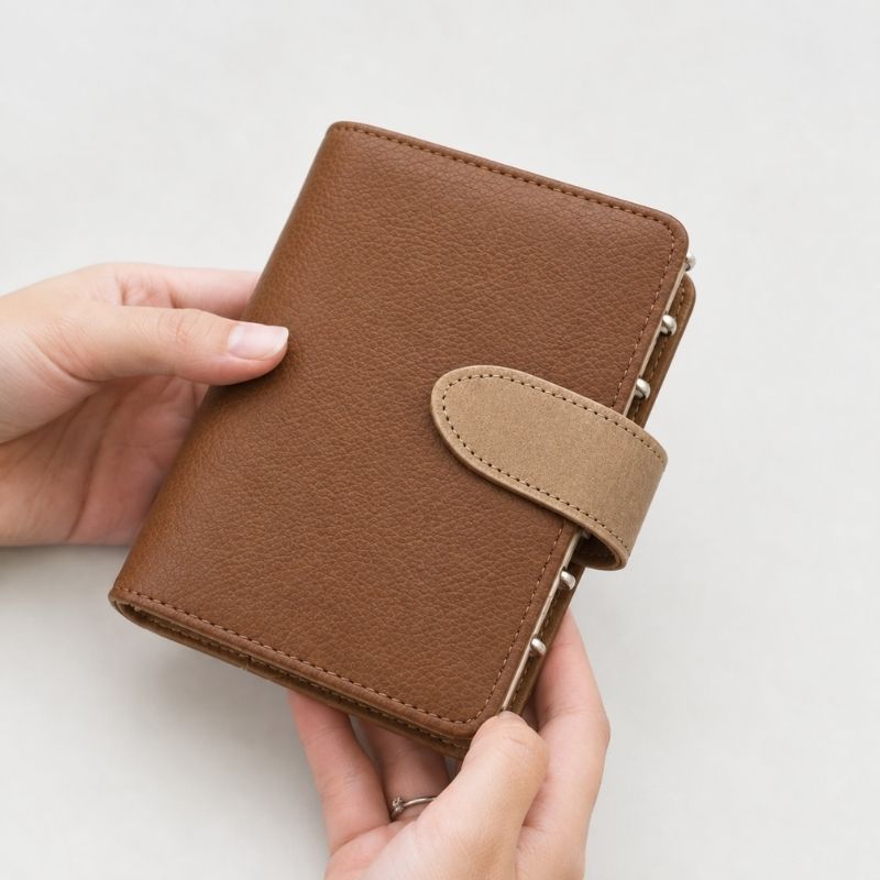 Closed Mocha & Sand leather Nomad kit held in hand